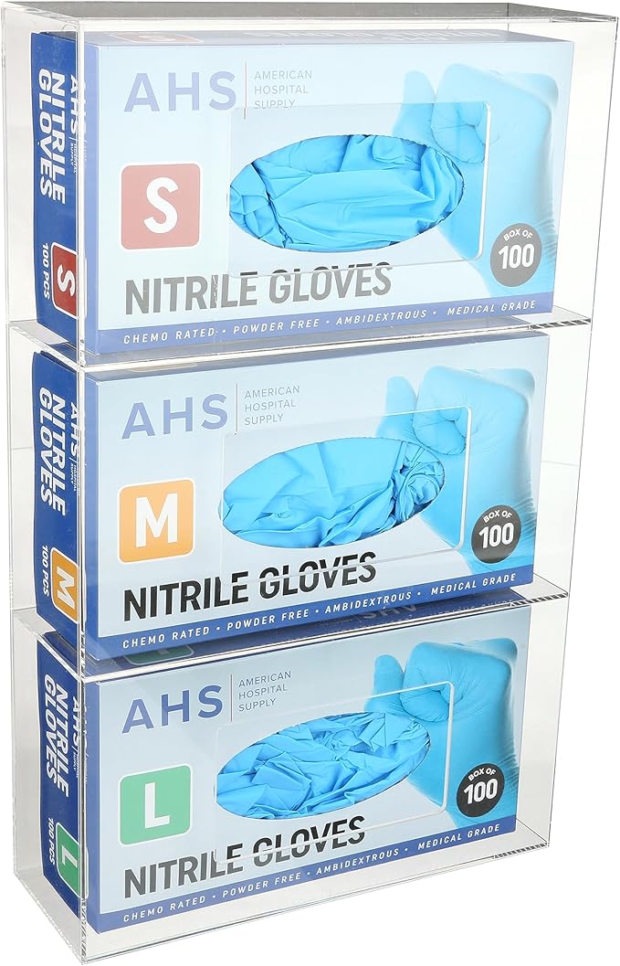 AMERICAN HOSPITAL SUPPLY Wall-Mount Triple Glove Dispenser | Clear Acrylic Glove Box Holder with Individual Compartments | Triple Layer | 17x11x5 in | Gloves Sold Separately