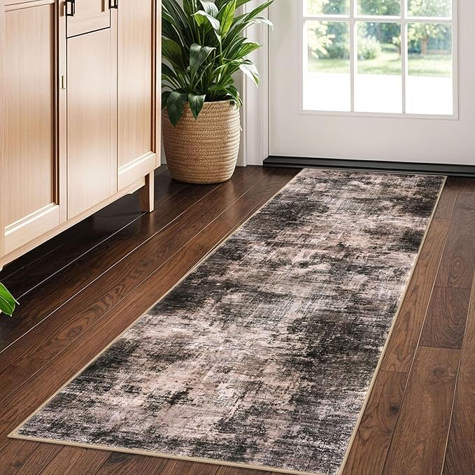 IOHOUZE Abstract Runner Rug 2x5 Ft Washable Runners for Hallways, Non Slip Kitchen Runner Printed Faux Wool Entryway Runner Indoor, Modern Abstract Floor Carpet for Hall Kitchen Bedroom, Brown/Rust