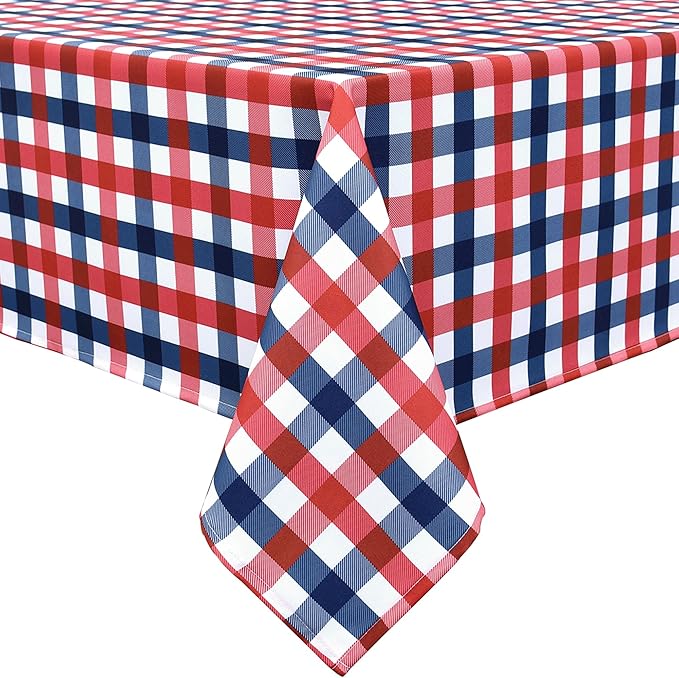 Waterproof Plaid Tablecloth Fabric - Oblong 52x70 Inch Patriotic Party Table Cloth for Indoor/Outdoor Use - Independence Day Memorial Day Washable Table Cover