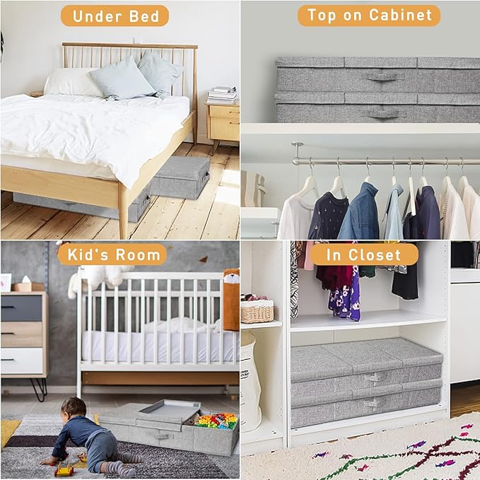 punemi Under Bed Storage Containers, 3 Pcs Large Blanket Clothes Storage Bag, Long Flat Firm Sides Underbed Organization And Storage w/ 3 Handles & Lid For Comforter Toy Closet, 31.1*15.7*6 inch Tall