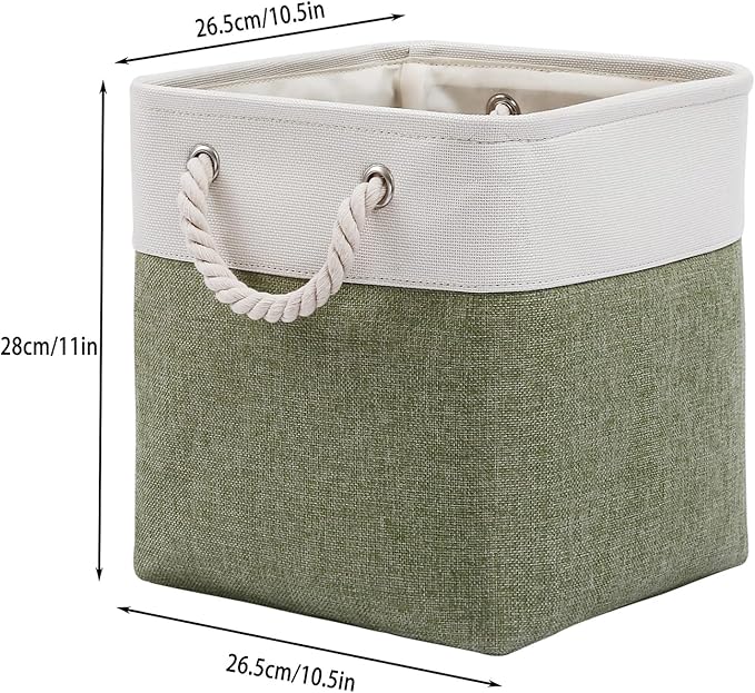 Cube Storage Bins, Collapsible Fabric Storage Cubes Bins, 11 Inch Cube Storage Bins with Handles, Foldable Storage Cubes (White/Green, 6Pack)