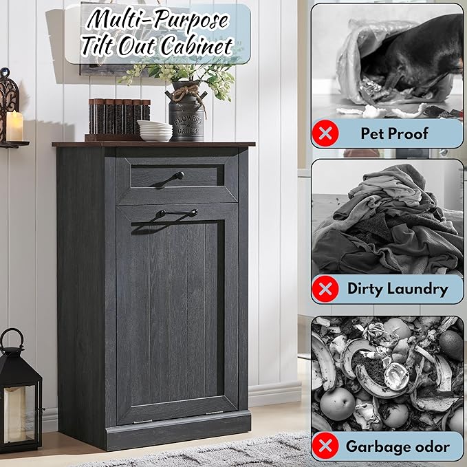 Tilt Out Laundry Hamper Cabinet, 10 Gallon Farmhouse Trash Can Cabinet with Drawer, Hidden Wood Garbage Can Bin Cabinet with Laundry Storage Basket for Bathroom, Kitchen, Dark Grey