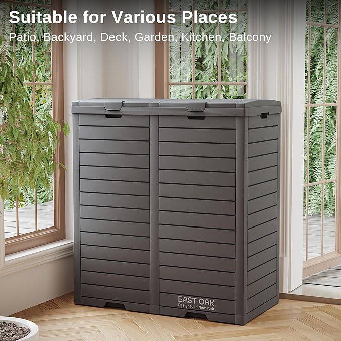 EAST OAK 76 Gallon Outdoor Trash Can | Waterproof Resin Garbage Can with Tiered Lid & Drip Tray | Outside Trash Bin for Patio | Kitchen, Backyard & Deck | Gray Color