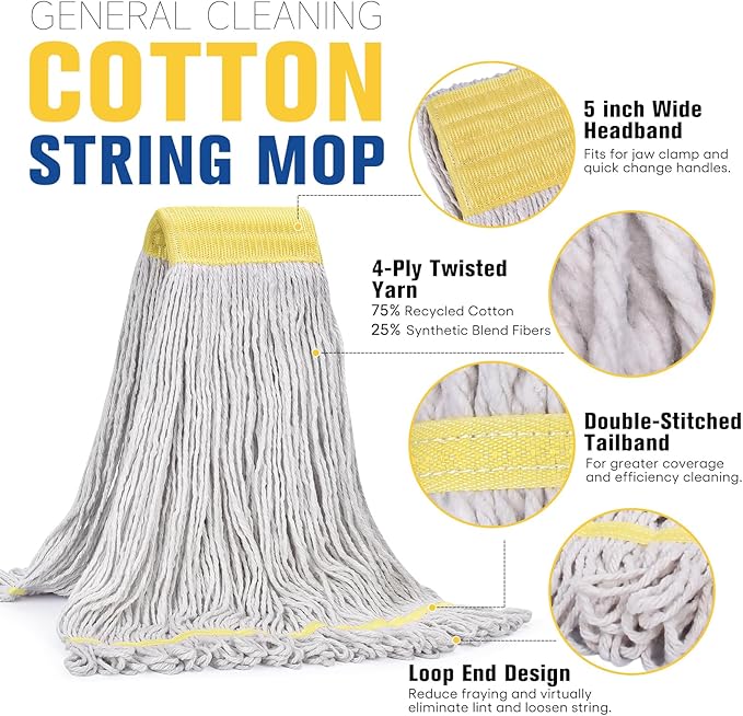 Matthew Cleaning Commercial Mop Head Replacement, 5 Inch Wide Headband, Looped End Cotton Blend String Wet Mops for Floor Cleaning, 24 oz Large, 1-Pack White