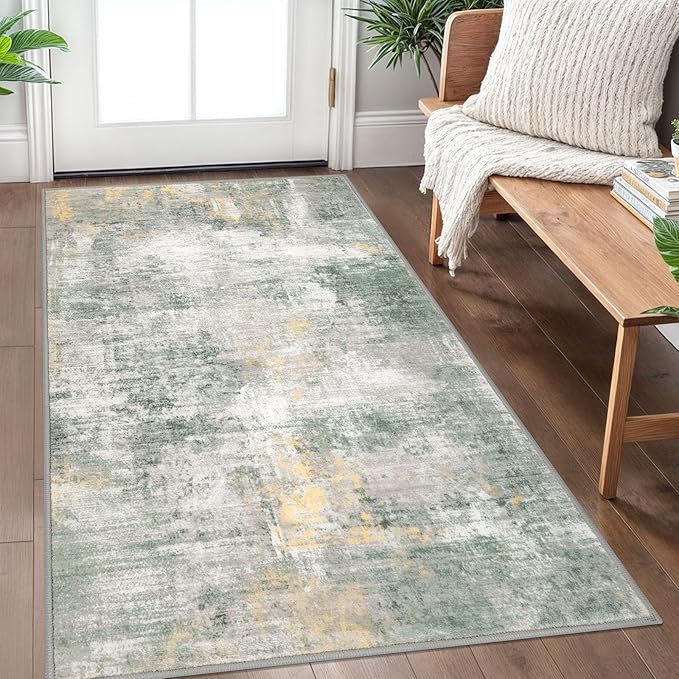 IOHOUZE Abstract Area Rug 3x5 Ft Washable Rugs for Entryway Indoor, Non Slip Kitchen Rug Printed Faux Wool Throw Rugs, Indoor Door Mat for Door Entrance Foyer Living Room, Light Green/Gray/Orange