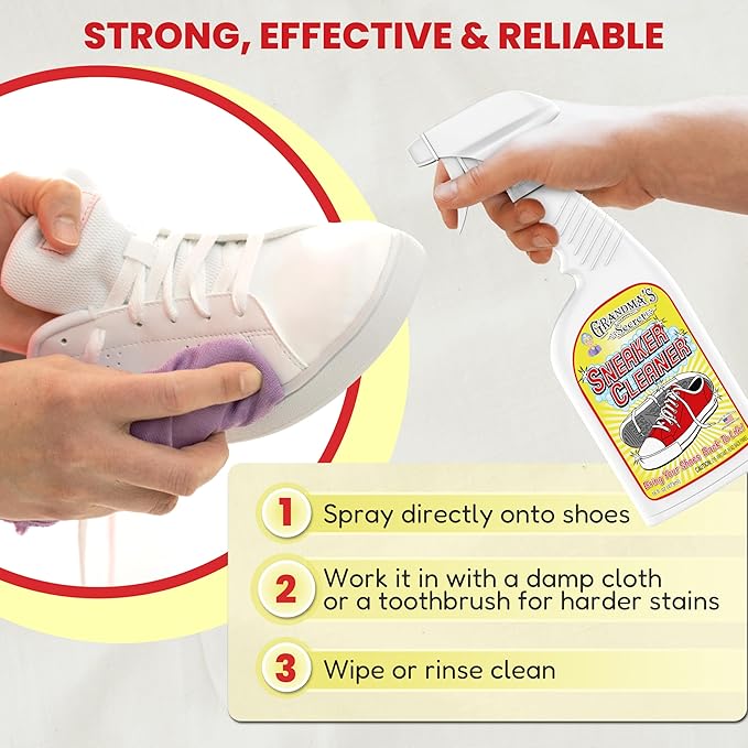 Grandma's Secret Shoe Cleaner - Stain Remover Spray for Rubber, Canvas and Leather - Removes Dirt, Grime and Grass - Sneakers Cleaner for Outdoor Shoes, Slippers and Moccasins 16 oz