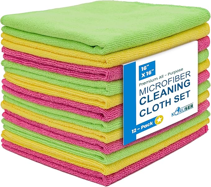 Microfiber Cleaning Cloths - Pack of 12 (16'' x 16'') - Reusable and Washable - All Purpose Towels for Multi Purpose Indoor/Outdoor Cleaning/Dusting/Polishing on Kitchen/Bathroom/Auto Surfaces