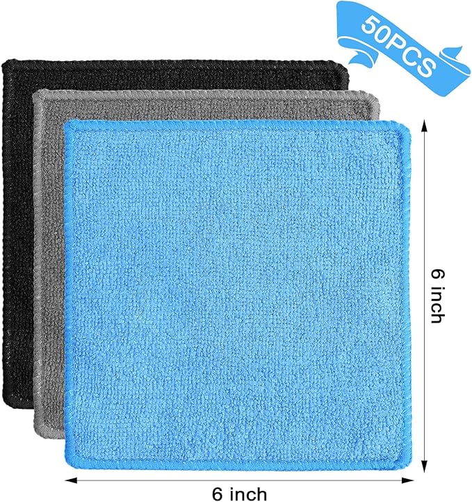 Tanlade Microfiber Cleaning Cloth 6"x6" Cleaning Rags Reasonable Kitchen Towels Microfiber Towels Cars Wash Dry Erase Cloth (Blue/Gray/Black,50 Pcs)