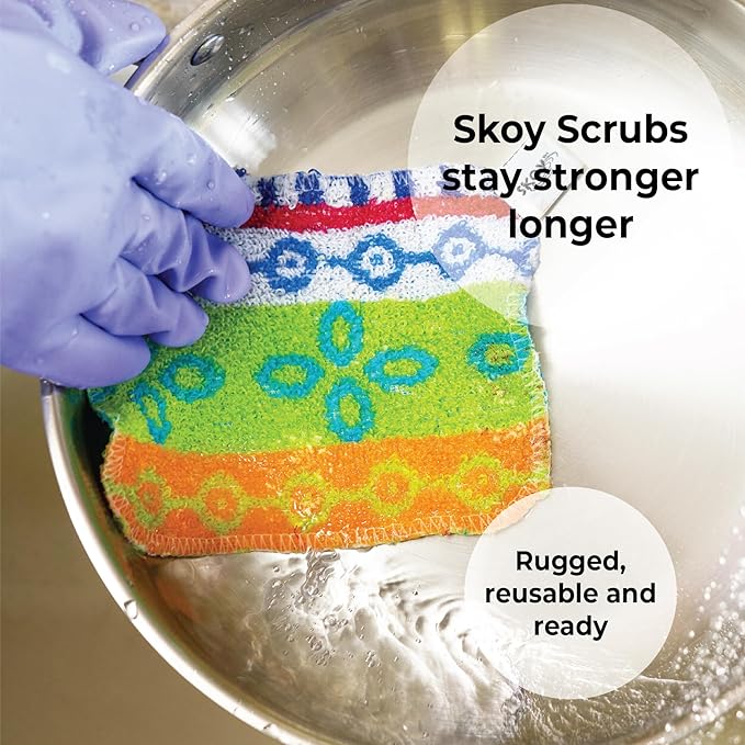 Skoy Scrub, 1-Piece Reusable, Non-Scratching Dish Scrubber for Kitchen and Household Cleaning, Planet-Friendly, Dishwasher Safe Soft Scrub, Assorted Colors and Designs