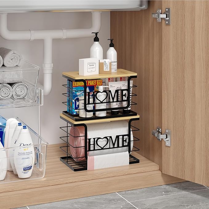 Trash Bag Holder, Thipoten Trash Bags Dispenser with Bamboo Top, Suitable for Garbage Bags Purchased Online or Supermarket, Perfect Storage Organizers for Cabinet, Under Sink (Black, Large)