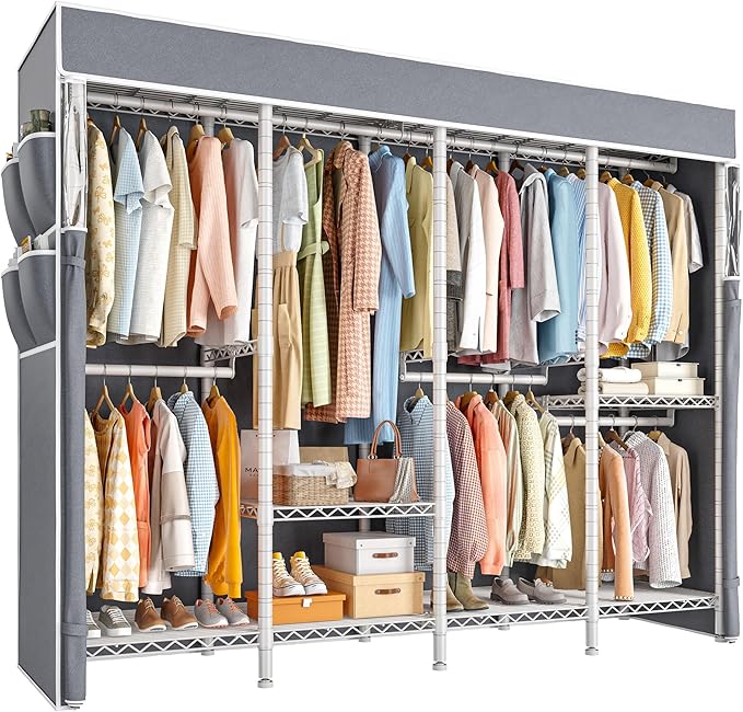 Raybee Clothes Rack with Cover,1150LBS Heavy Duty Clothing Rack for Hanging Clothes,Adjustable Portable,18" D x 76" W x 77" H,White