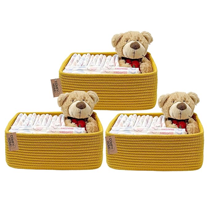 COMFY-HOMI 13" x 8.5" x 5.1" Storage Baskets for Organizing | Cotton Rope Woven Basket | Toy Storage Bin Box | Basket for Shelves, Closet Organizer Bin, Decorative Closet Shelf, 3 Pack, Yellow