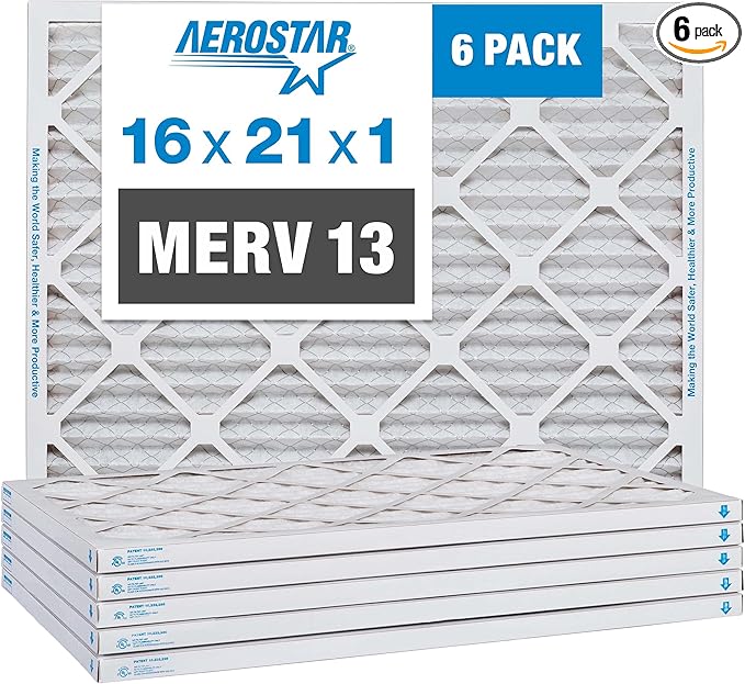 Aerostar 16x21x1 MERV 13 Pleated Air Filter, AC Furnace Air Filter, 6 Pack (Actual Size: 15 7/8" x 20 7/8" x 3/4")