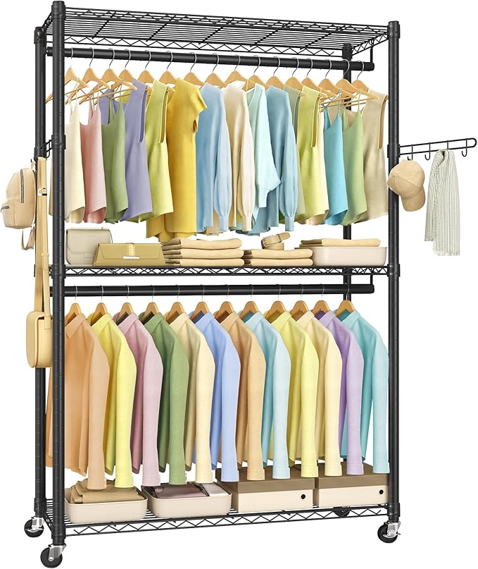SONGMICS Heavy-Duty Rolling Clothes Rack, Garment Rack, Portable Closet, 43.3-Inch Wide Clothing Rack on Wheels, with Adjustable Mesh Shelves and Hanging Rails, Hooks, Ink Black ULGR414B01