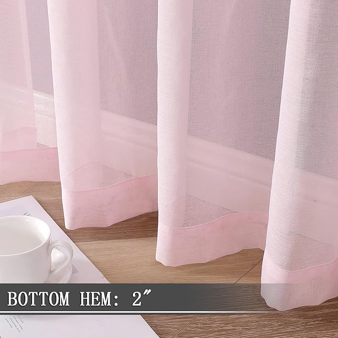 Tollpiz Sheer Curtain Linen Textured Living Room Curtains Sheer Light Filtering Rod Pocket Voile Curtain for Bedroom, 54 x 72 inches Long, Pink, Set of 2 Panels