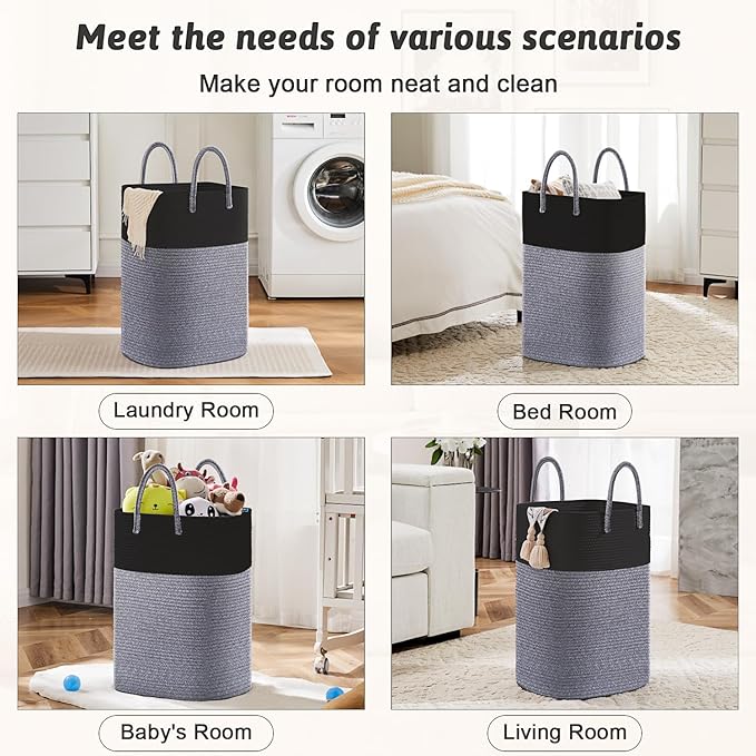 Laundry Basket,Woven Cotton Rope Laundry Hamper,Versatile Storage for Dirty Clothes,Baby Toys,and Blankets in Bathroom, Nursery,and Living Room (Black, 80L)