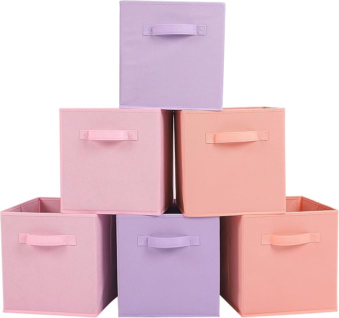 Stero Fabric Storage Bins 6 Pack Fun Colored Durable Storage Cubes with Handles Foldable Cube Baskets for Home, Kids Room, Closet and Toys Organization Purple, Pink, peachpuff