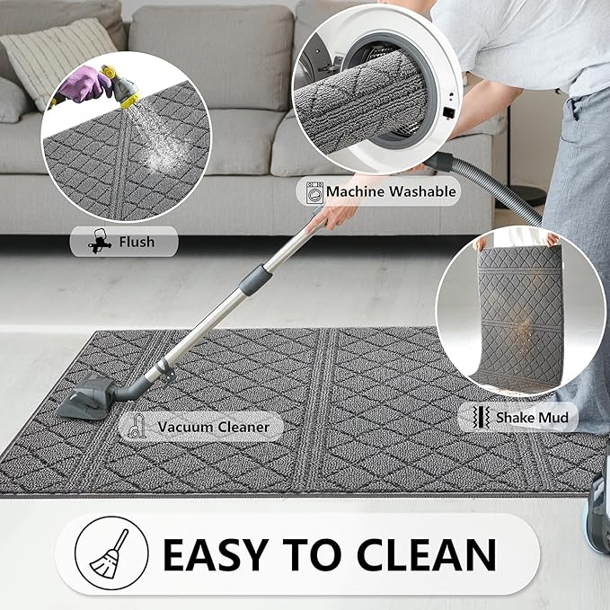 REFETONE Indoor Doormat, Front Back Door Mat 32"x40" Absorbent Rubber Backing Non Slip Door Mats, Low-Profile Resist Dirt Entrance Rugs, Machine Washable Door Rug Inside Floor Mat for Entryway, Grey