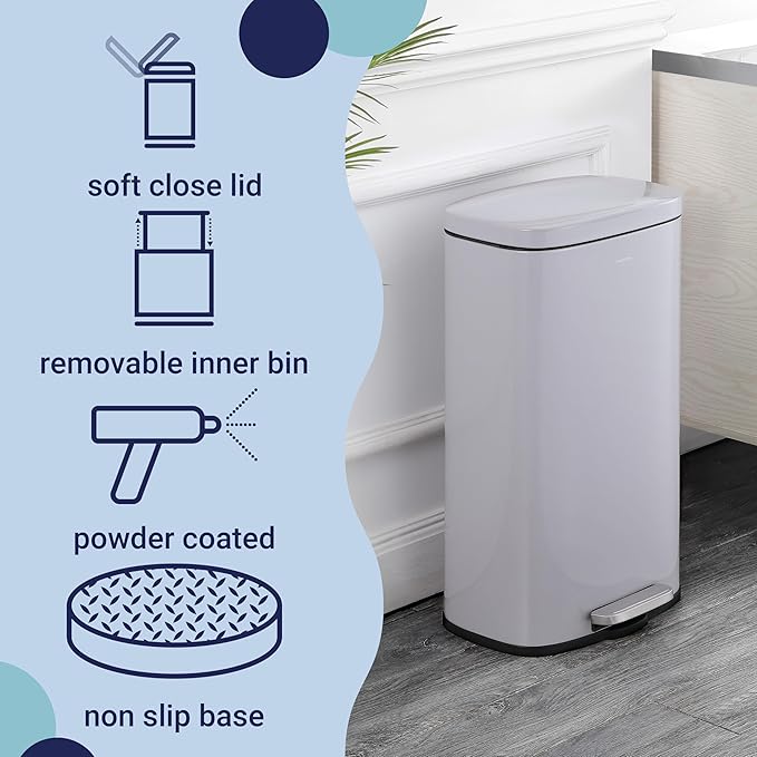 happimess HPM1011D Curtis 8-Gallon Step-Open Trash Can, Fingerprint Resistant, Modern, Minimalistic for Home, Kitchen, Laundry Room, Office, Bedroom, Bathroom, Fog Gray