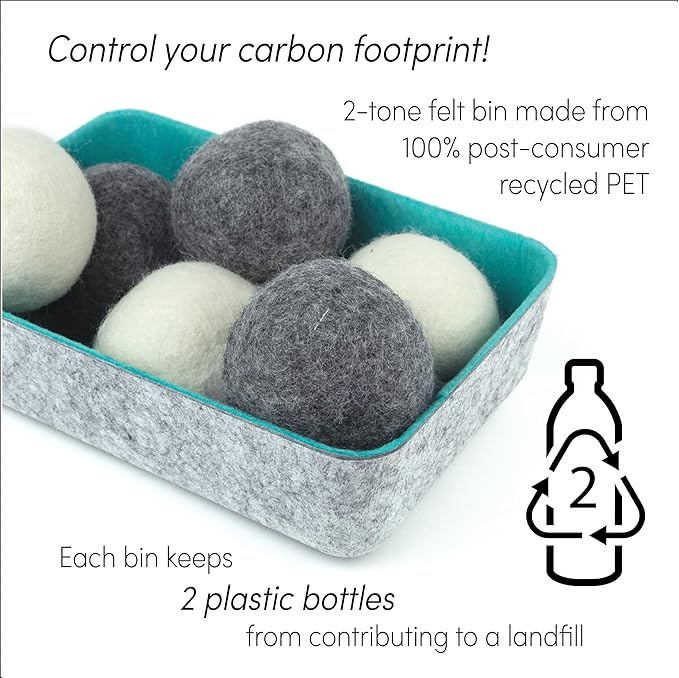 Three by Three Seattle Felt·Like·it!™ Wool Dryer Balls + Storage Bin: Reduce Drying Time, Static Cling, and Energy Use | Natural Alternative to Fabric Softeners (Pack of 6)