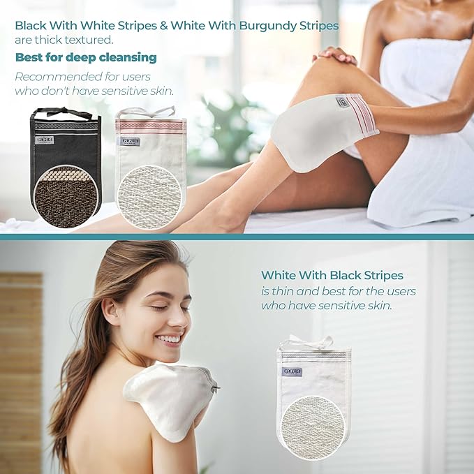 Turkish Exfoliating Gloves – Face & Body Exfoliation Mitts - Bath Hammam Spa Exfoliator Kese Glove - Body Scrub Glove to Remove Dead Skin – Brighten & Soften Skin – 4Pcs (Black & White)