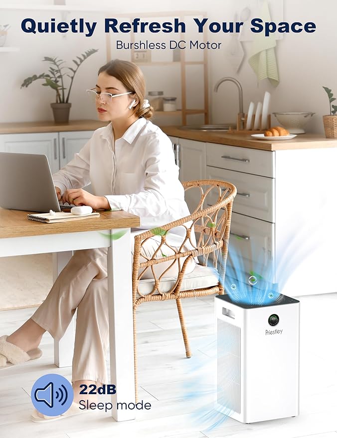 Priestley Air Purifiers for Home Large Room up to 1500 sq ft, Smart Control Air Purifier, True HEPA Filter Air Cleaner Removes 99.97% of Particles, Dust, Allergies Pets Odor, 22dB Quiet Sleep Mode