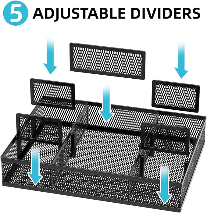 Marbrasse 2 Pack Desk Drawer Organizer, Mesh Drawer Organizer Tray with 8 Adjustable Compartments, Desk Organizers and Accessories, 5 Dividers Drawer for Office Supplies, Makeup & Vanity (Black)