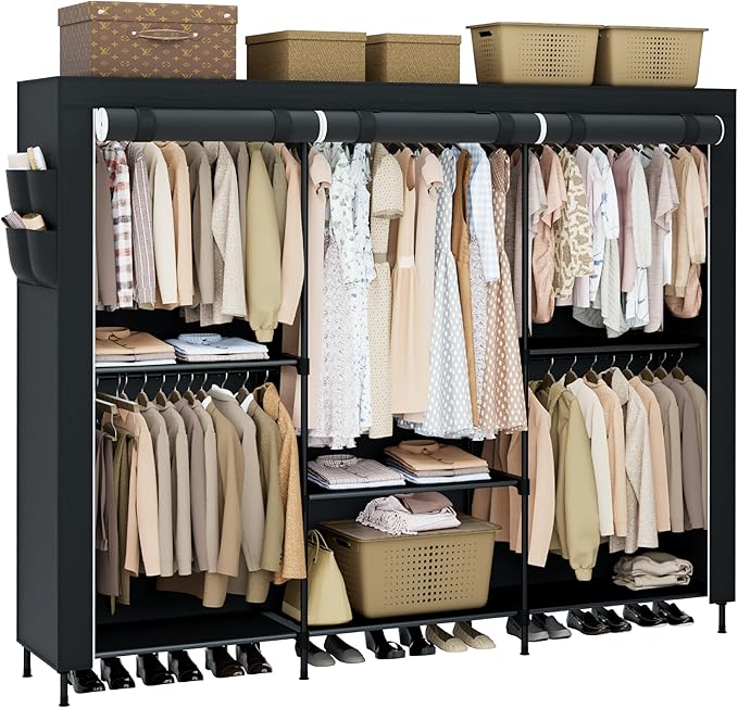 Portable Closet, 81.5 Inch Extra Large Capacity Wardrobe Closet with Cover, Clothes Storage Organizer with Shelves and 5 Hanging Rods, Easy to Assembly, Black PCT136B01