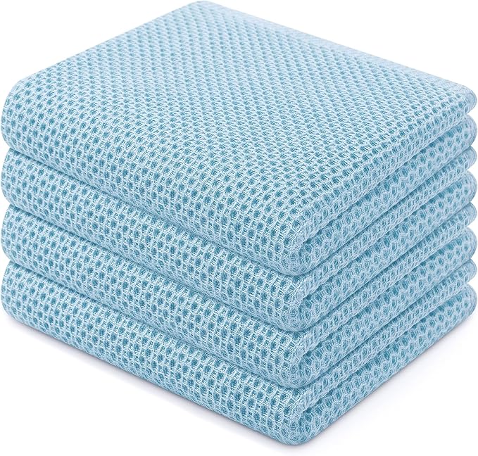 Homaxy 100% Cotton Waffle Weave Kitchen Dish Towels, Ultra Soft Absorbent Quick Drying Cleaning Towel, 13 x 28 Inches, 4-Pack, Sky Blue