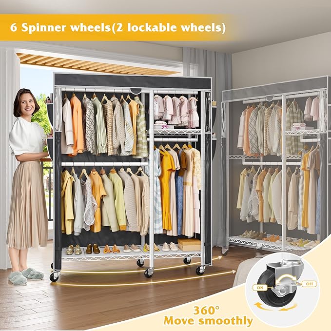 Raybee Clothes Rack with Cover,Clothing Racks for Hanging Clothes with Wheels and Adjustable Feets,Rolling Heavy Duty Garment Rack,White