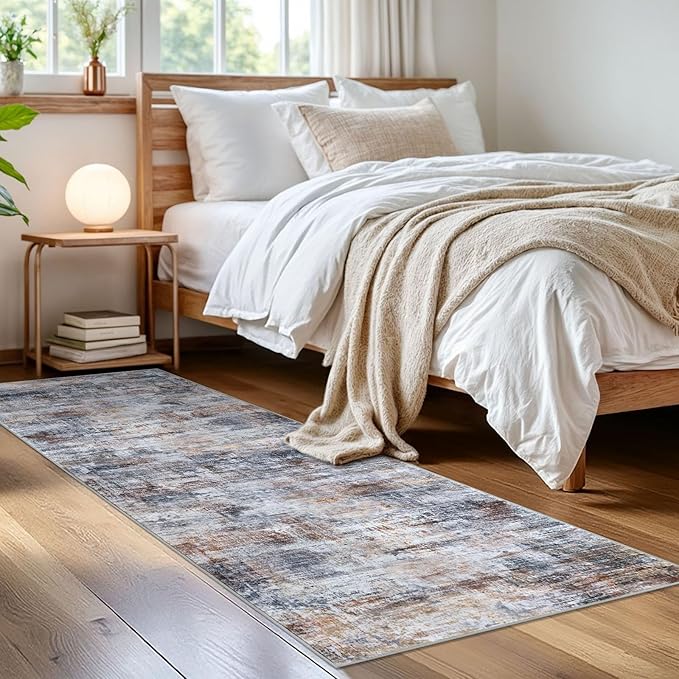 IOHOUZE Abstract Runner Rug 2x6 Ft Washable Runners for Hallways, Non Slip Kitchen Runner Soft Printed Faux Wool Entryway Runner Indoor, Modern Abstract Floor Carpet for Hall Bedroom, Orange Grey