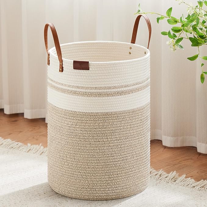 VIPOSCO Tall Laundry Basket, Large Dirty Clothes Hamper with Leather Handle, Woven Rope Storage Basket for Blanket, Toy In Living Room, Bathroom, Bedroom - 72L Brown & White