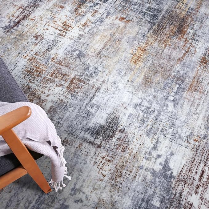 IOHOUZE Small Abstract Area Rug 2x3 Ft Entryway Rugs Washable Door Mat Indoor Entrance, Rubber Backed Throw Rugs, Printed Faux Wool Non Slip Floor Carpet for Foyer Front Door Sink, Orange Grey
