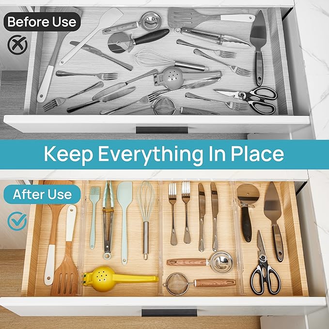 Vtopmart 4 Pack Shallow Drawer Dividers, 2.36" High 12.67"-21.14" Adjustable Expandable Kitchen Drawer Organizer, Clear Plastic Organizer Separators for Flatware, Utensil, Cutlery, Underwear, Clothes