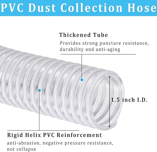 Dust Collection Hose 1-1/2 in × 5 ft Heavy Duty Clear Flexible PVC Reinforced Thicken Helix Suction Discharge Corrugated Pipe Hose for Fume Dust Collector Fitting Wood Chip Saw (1.5 inch hose)