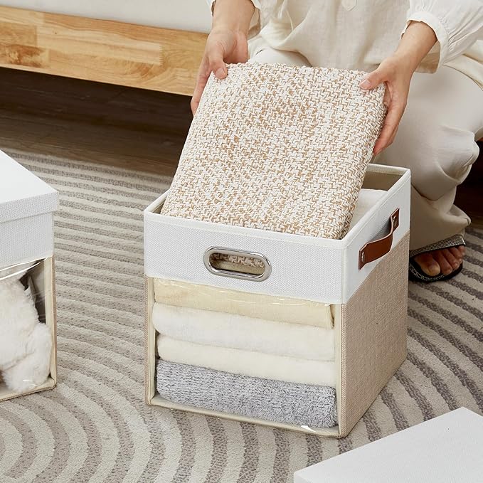 Fabric Storage Cubes with Clear Windows and Lids 11'' Foldable Storage Bins with 3 Handles, Decorative Storage Boxes for Home, Bedroom, Closet, Office (Beige & White)