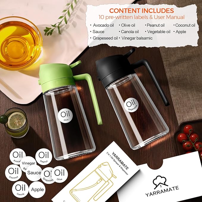 YARRAMATE 16oz/470ml Glass Olive Oil Sprayer for Cooking with Stickers, 2 in 1 Oil Dispenser for Kitchen Gadgets, Food Grade Premium Spray Bottle with Portion Control for Salad, Frying, BBQ (Black)