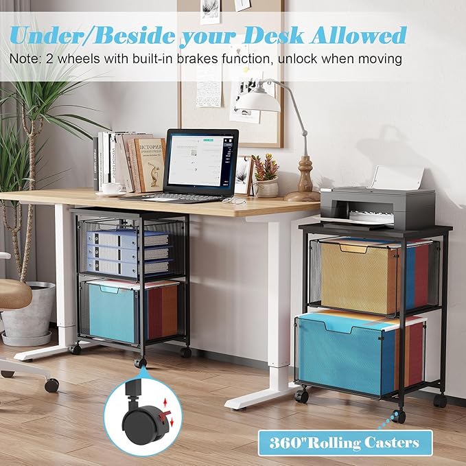 Letter/Legal Rolling File Cart with 2 Storage Drawers, Under Desk Storage, Vertical Filing Cabinet for Home Office, Hanging File Folders Organizer, Mobile Utility Cart Printer Stand, Black