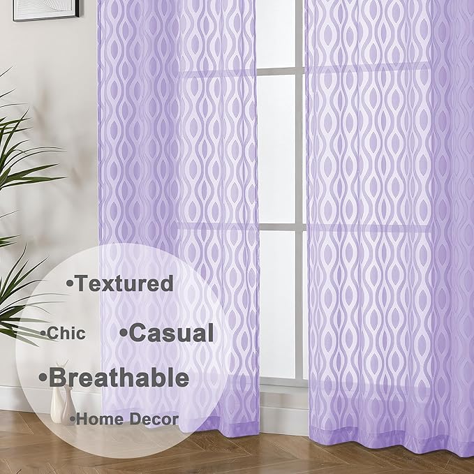 Aiyufeng Light Purple Sheer Curtains 72 Inches Long 2 Panels Set, Elegant Light Filtering Transparent Curtain Draperies for Bedroom Living Room, Classic Clip Wavy Line Door Curtains, 40Wx72L Inch