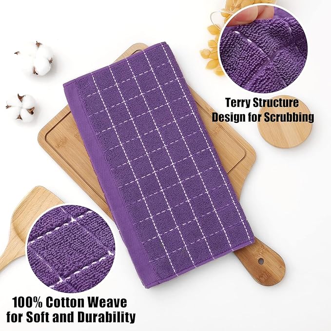 Homaxy 100% Cotton Terry Kitchen Towels(Purple, 13 x 28 inches), Checkered Designed, Soft and Super Absorbent Dish Towels, 12 Pack
