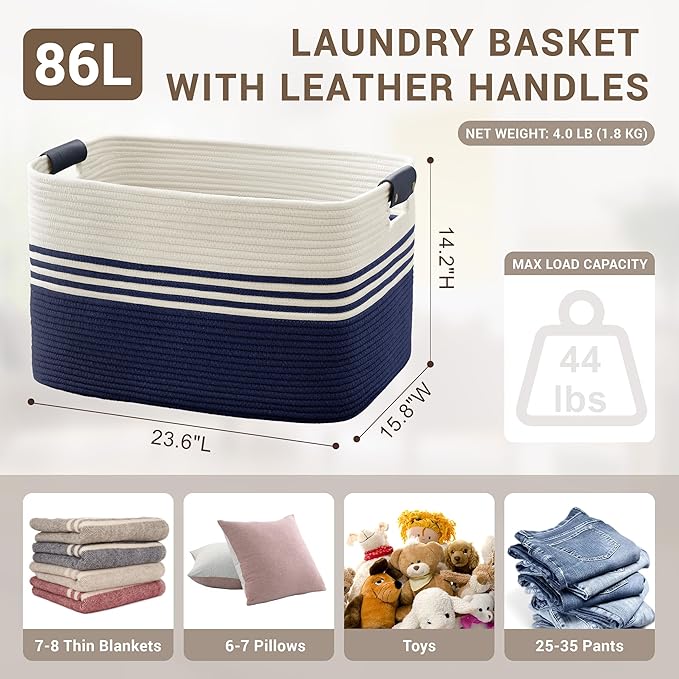 86L Extra Large Laundry Basket with Leather Handles for Living Room Storage, Woven Rope Baskets for Blanket, Kids Toy, Gifts, Wicker Hamper for Bedroom Dirty Clothes, 24"x16"x14" White Navy