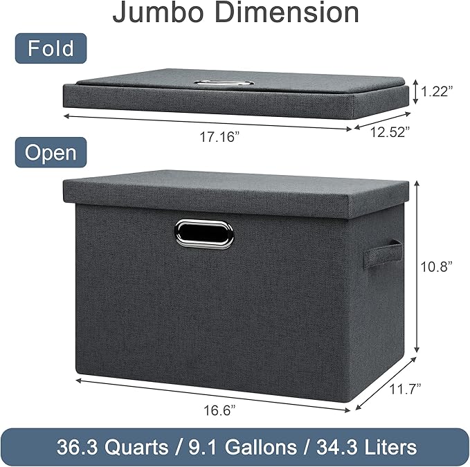 Large 17" 36 Quart Collapsible Stackable Storage Bins with Lids, 5 Packs Dark Gray Foldable Fabric Closet Storage Boxes with Lids Heavy-duty Linen Cube Baskets(17 x 12 x 11)