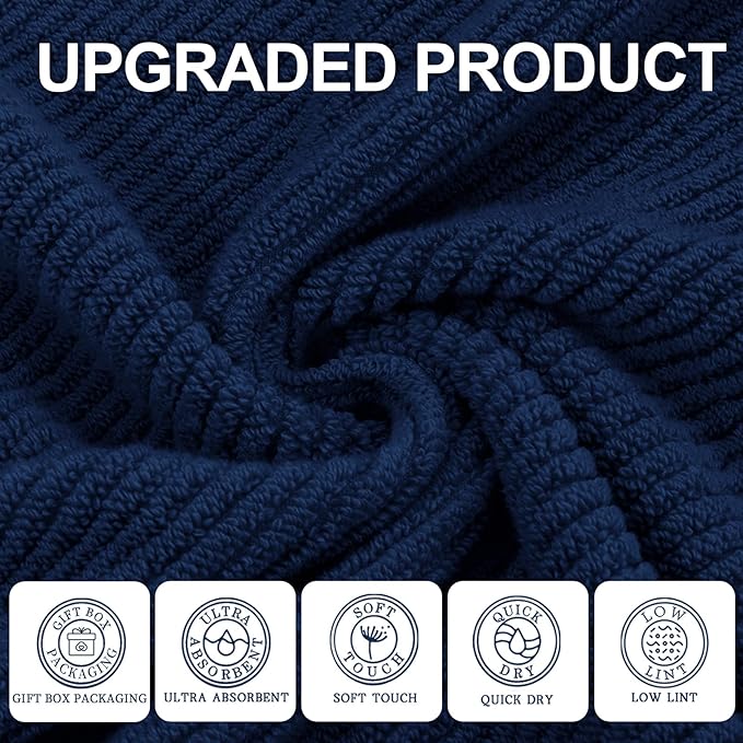 VOOVA & MOVAS Bath Towels, Large 30" x 56" - 100% Cotton | Quick Dry | Light Weight | Thick | Soft | Absorbent, 4PC Luxury Shower Towel Set for Bathroom, Towel Gift Set, Navy Blue