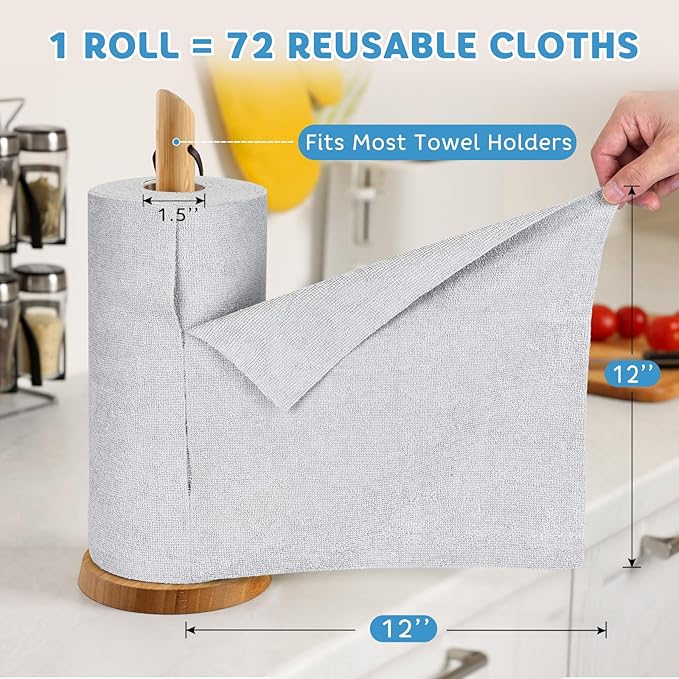 Matthew Microfiber Cleaning Cloth Roll 72Pack (12" x 12") Reusable Paper Towels&Washable Tear Away Towels,Ultra Water Absorbent Lint&Streak Free Cleaning Rags for Glass,Dishwash,Bathroom,Cars-Grey