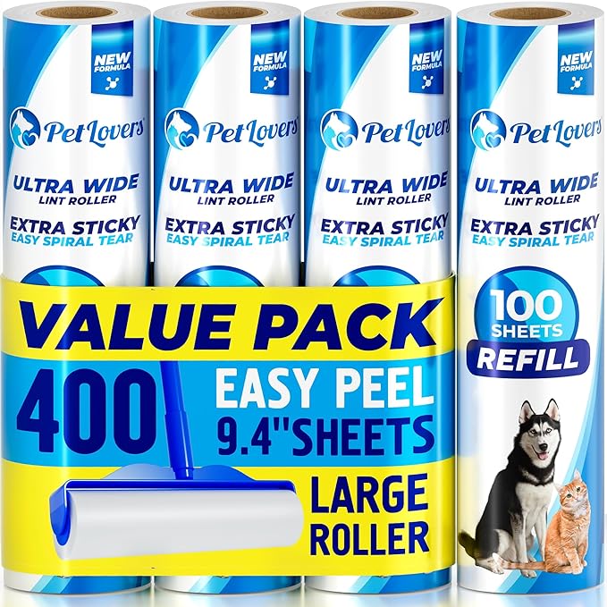 PetLovers Extra Sticky Floor Lint Roller 4 Pack of Refills Only - No Handles Included - 100 Sheets Per Refill 400 Sheets Total