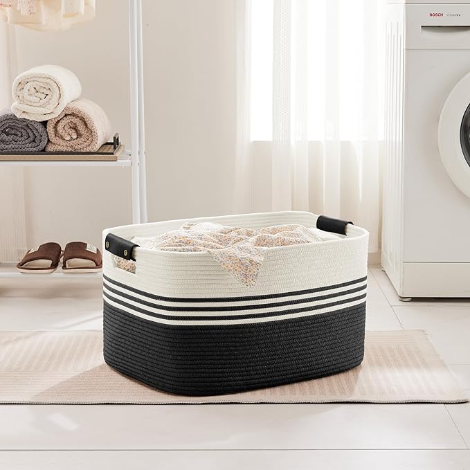 72L Large Laundry Basket with Leather Handles for Living Room Storage, Woven Rope Baskets Bin for Blanket, Kids Toy, Gifts, Wicker Hamper for Bedroom Dirty Clothes, 22"x17"x12" White Black