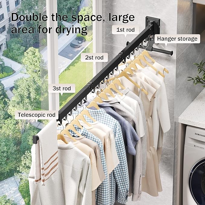 Clothes Drying Rack Wall Mounted(can fold Upward),Laundry Drying Rack,Laundry Room Organization,Wall Mounted Laundry Rack Folding,Retractable Clothing Rack,Collapsible Clothes Hanging Rack