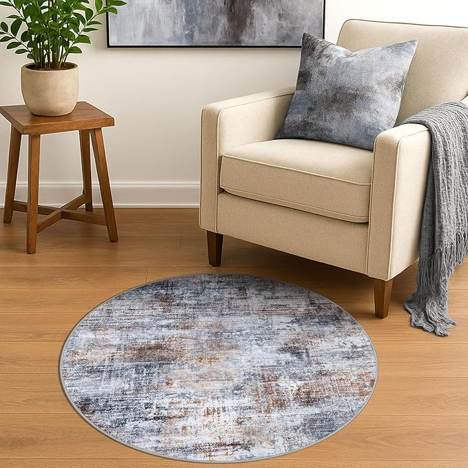 IOHOUZE Round Area Rug 3 Ft Circle Entryway Rugs Round Washable Door Mat Indoor Entrance, Non Slip Circle Front Door Rug, Printed Abstract Faux Wool Floor Carpet for Foyer Porch Sink, Orange Grey