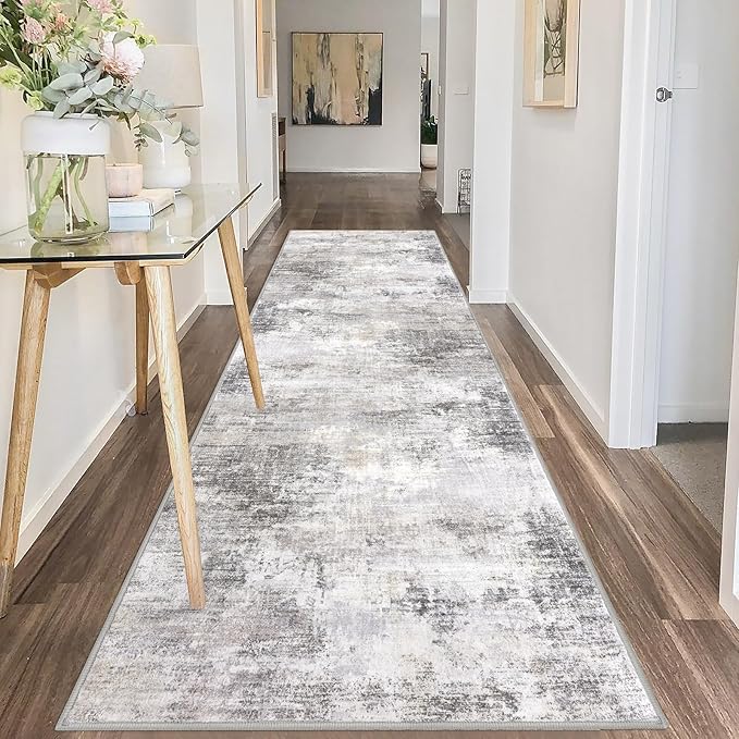 IOHOUZE Abstract Runner Rug 3x10 Ft Washable Runners for Hallways, Non Slip Kitchen Runner Printed Faux Wool Entryway Runner Indoor, Modern Abstract Floor Carpet for Hall Bedroom, Grey Beige