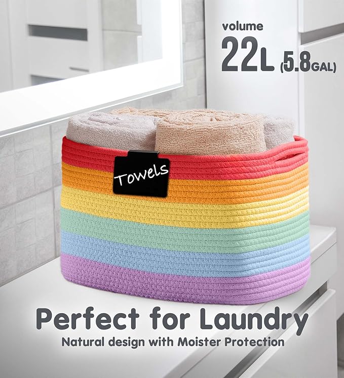 CHAT BLANC Rainbow Cotton Rope Baskets for Organizing | Storage Baskets for Shelves | Rainbow Rope Basket for Storage, Small Laundry Baskets, Woven Baskets for Storage, Dog Toy Bin, Baby Basket, 3Pack